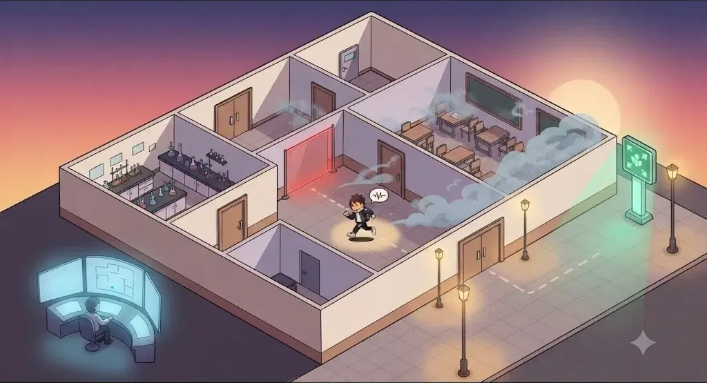 Cutaway view of the campus block: a student running through a smoke-filled corridor toward the assembly beacon, watched from a console.